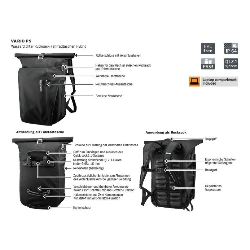 Vario QL2.1 20 l Fahrrad-Packtasche/Rucksack